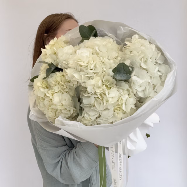 Монобукет из 5 белых гортензий «White Cloud» — THE ÁME Flowers